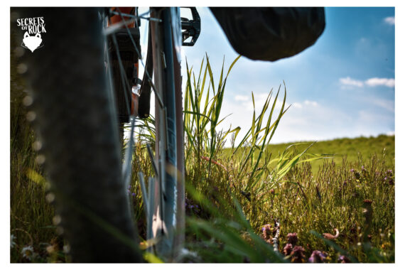 Nahaufnahme eines Hinterrades vom Fahrrad, aus der Perspektive auf Grashöhe in Richtung Horizont