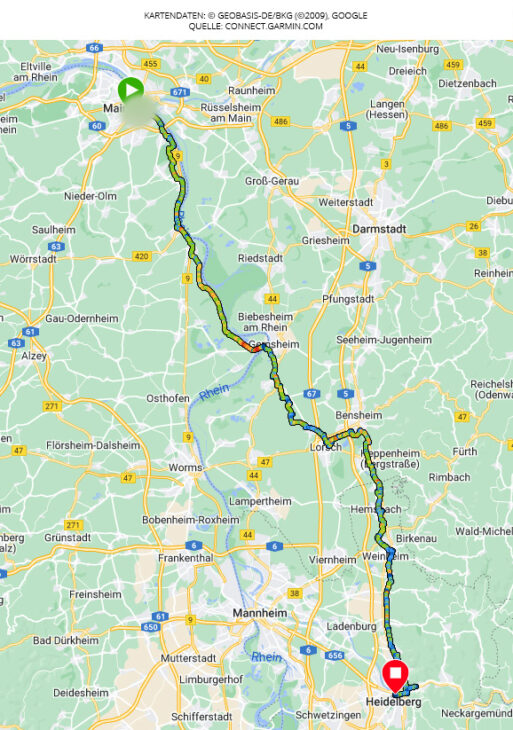 Ein Screenshot meines Weges nach Heidelberg von connect.garmin.com.